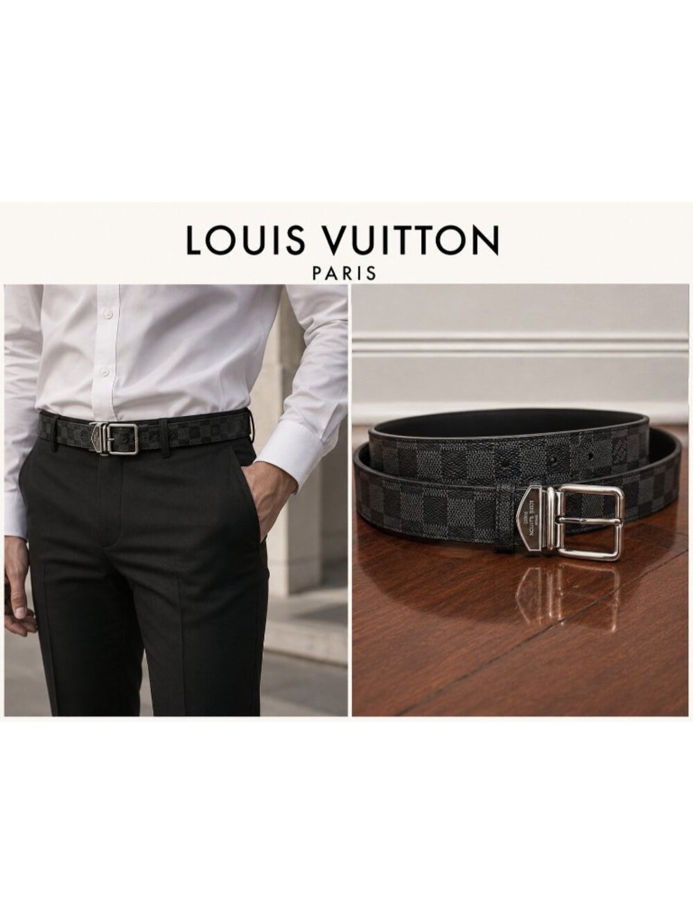 Louis Vuitton M9708 Damier Graphite Men’s Belt Black Silver Buckle Size 90/36